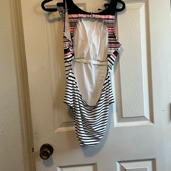 DKNY Women's Striped One Piece Swimsuit - Black, Pink, White - Picture 2 of 3